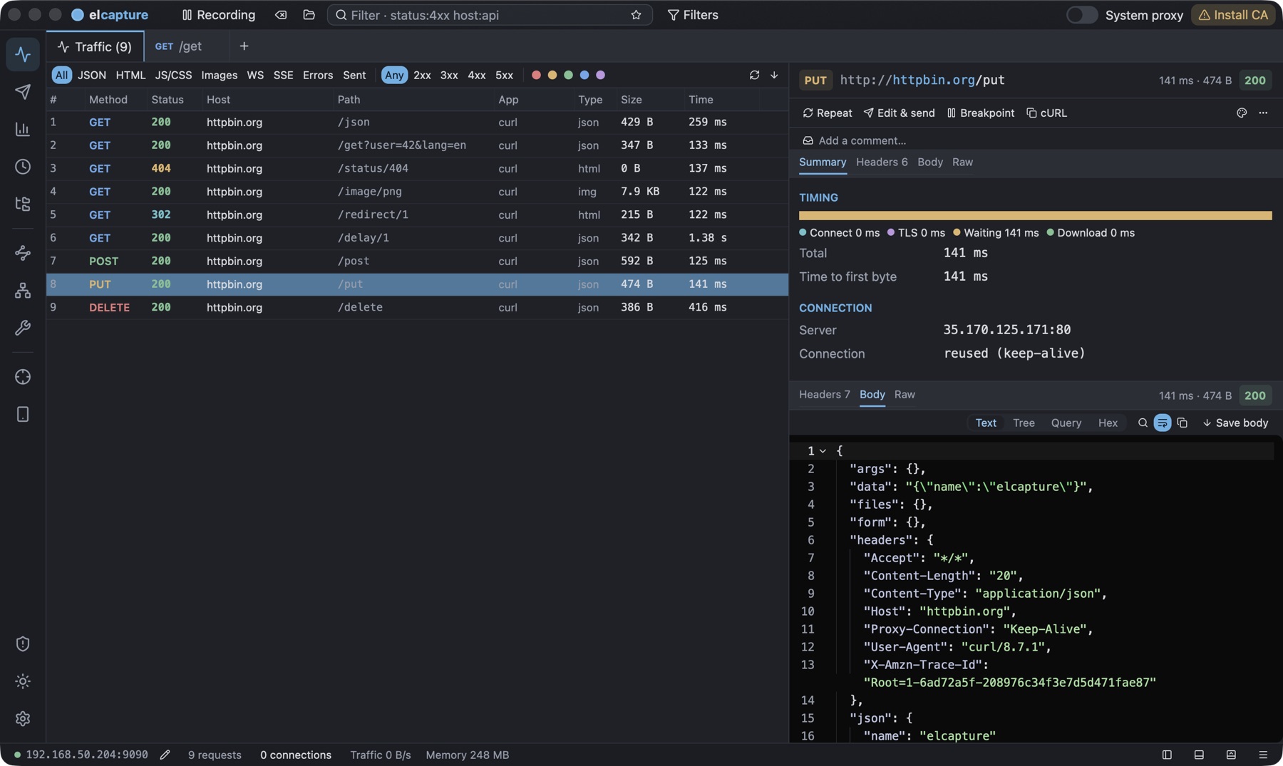 elcapture showing nine captured requests to httpbin.org, with a PUT request open: timing, connection details and the JSON response body.